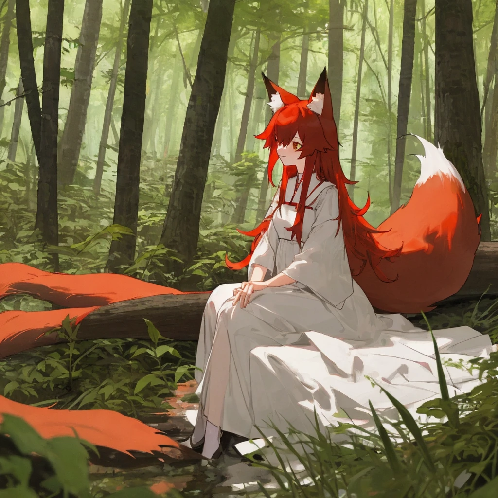 Fox girl sitting in forest, red hair, fox ears, fox tail, white dress