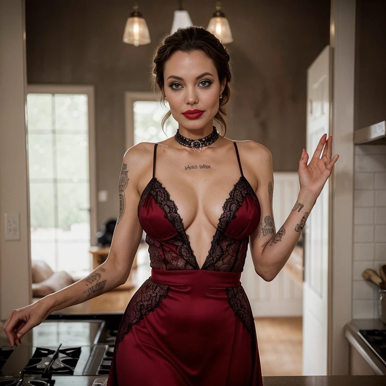 scene of the day, Photo de search of Angelina jolie, seducing, waving to viewer in kitchen, Perfect shape, nice breasts, showing deep cleavage, french braid hair, collar, Red lips, lace evening dress, sultry, Look at the viewer and smile, (cinematographic:1.3), intricate details, (art station:1.2)