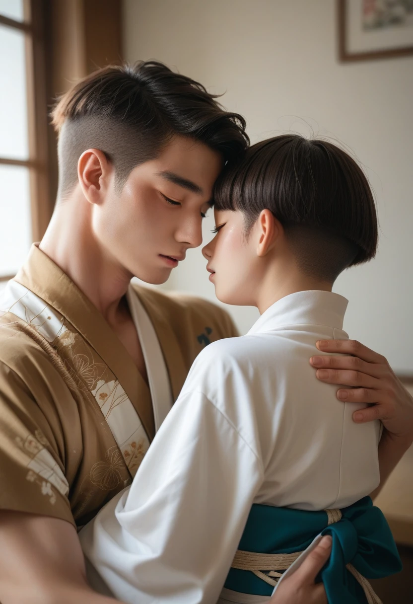 Young Korean woman with long brown hair and white skin dressed in a South Korean  hugging a young man with a short American cut in kimono