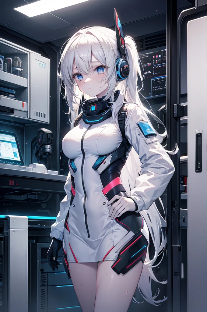 white skin, sad tears, sweat, device room, android, operator uniform, standing, perfect anatomy, cg, girl, solo, teenage