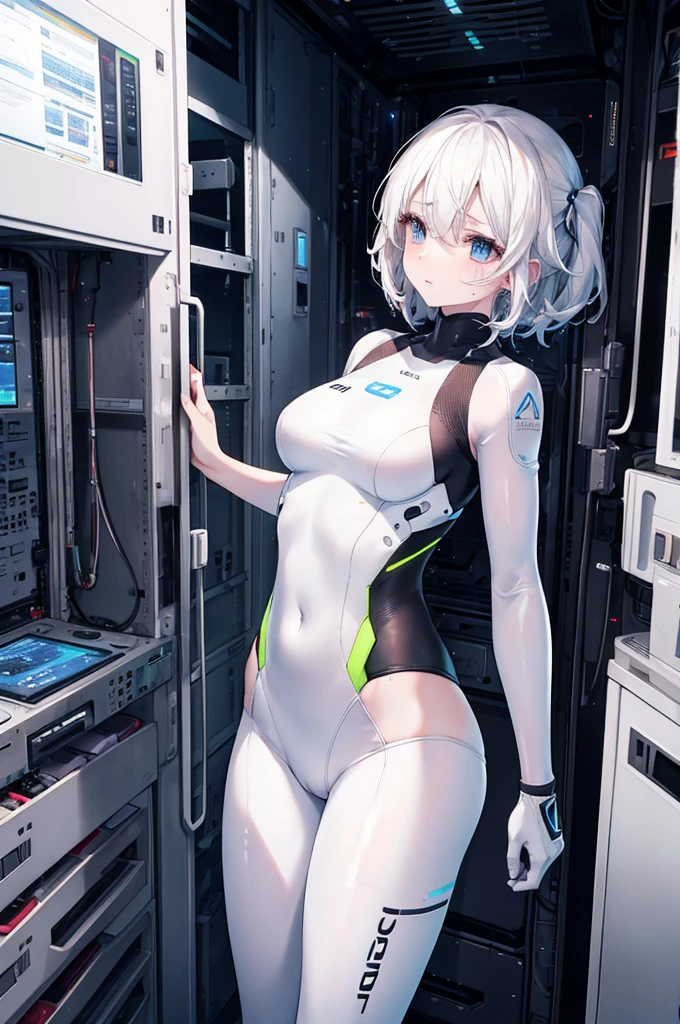 white skin, sad tears, sweat, device room, android, operator uniform, standing, perfect anatomy, cg,  girl, solo, teenage