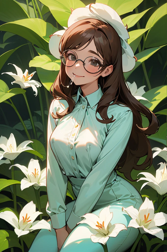 (a woman and an exotic plant in a forest) full image, a young woman botanist, long wavy brown hair with glasses, mouth half open, drool flowing from her mouth, a surprised but happy woman, big breasts , a slightly open blouse, looks near a white lily, in an exotic forest, (a plant with a large white lily), ((the flower hypnotizes the woman)), on this shirt on the chest, ((the girl stimulates her between legs with these fingers)) (the plant sucks the girl's nipple using a rod equipped with a transparent breast pump, she sucks the milk, a small can of milk in the breast pump) ((( surprised but happy expression)) ), ( extracts of breast milk from the breasts ), breast milk in transparent reservoirs created by the plant, (( a plant wants to suck the milk from the girl to the using a breast pump) ) ((breast stimulation)) a plant with 1 white lily flower exists the girl with an aphrodisiac perfume