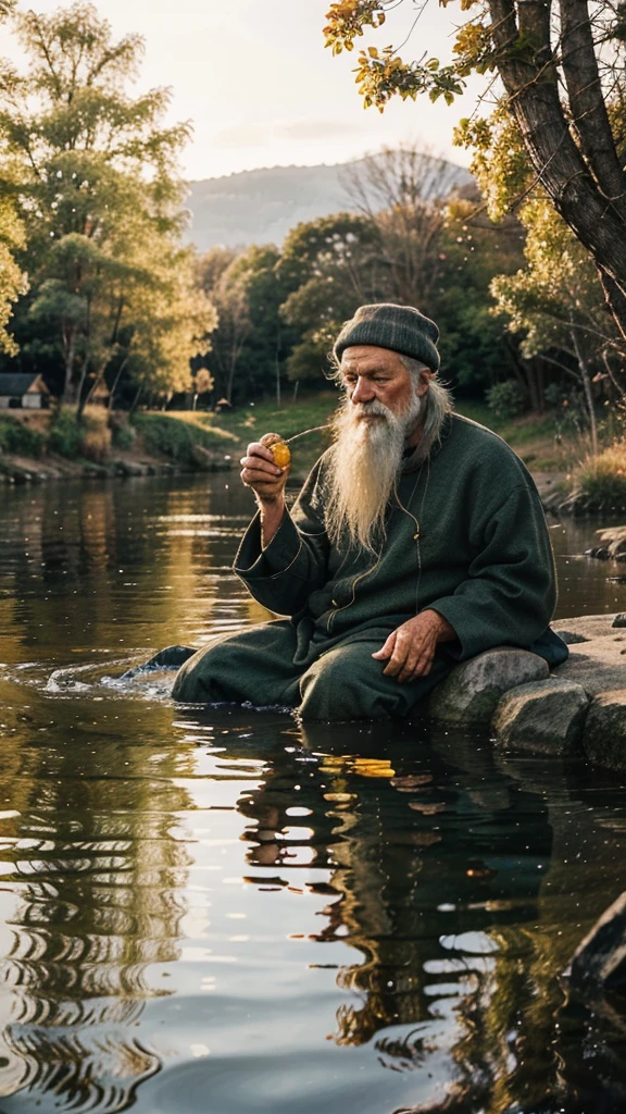 Generate an illustration of an old fisherman sitting by a tranquil river, holding a small golden fish in his hand. The background should show a cozy, warm cottage with a delicious meal on a table. The scene should evoke a sense of peace and contentment, capturing the essence of simple joys and gratitude.