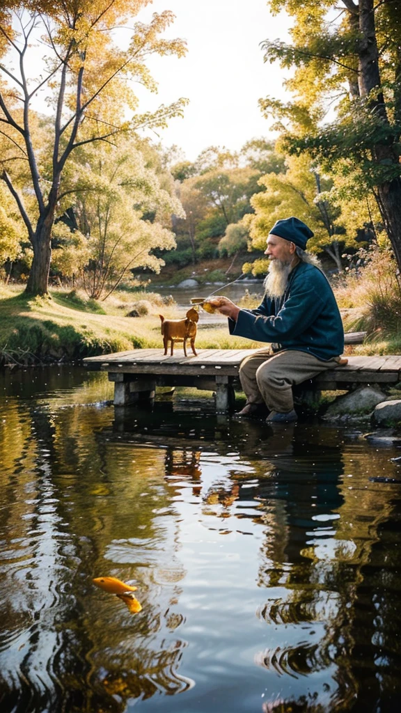 Generate an illustration of an old fisherman sitting by a tranquil river, holding a small golden fish in his hand. The background should show a cozy, warm cottage with a delicious meal on a table. The scene should evoke a sense of peace and contentment, capturing the essence of simple joys and gratitude.