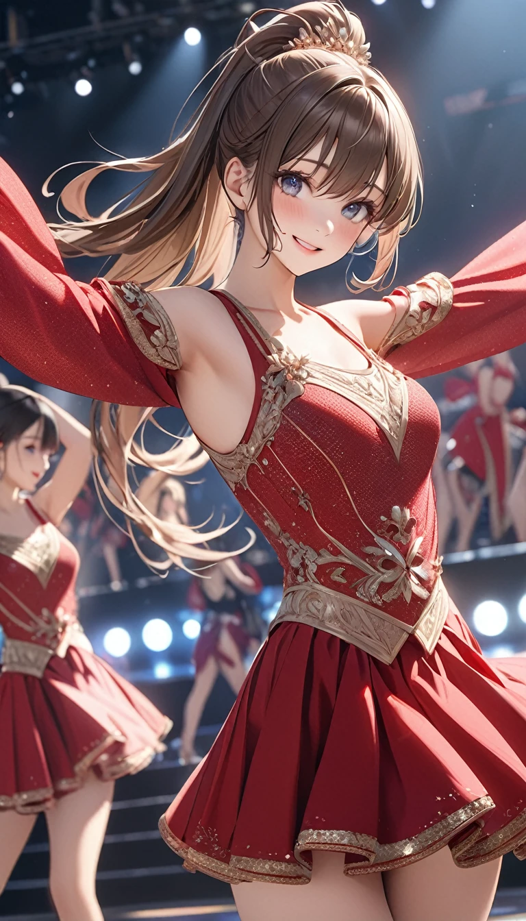 girl with high ponytail,Colored highlighted hair, dark ash brown long hair,, highly detailed eyes, red dance clothes, Smile.Beautiful girls dancing gracefully on the international stage.(best quality,4K,8k,high resolution,masterpiece:1.2),Super detailed,(Practical,photoPractical,photo-Practical:1.37)