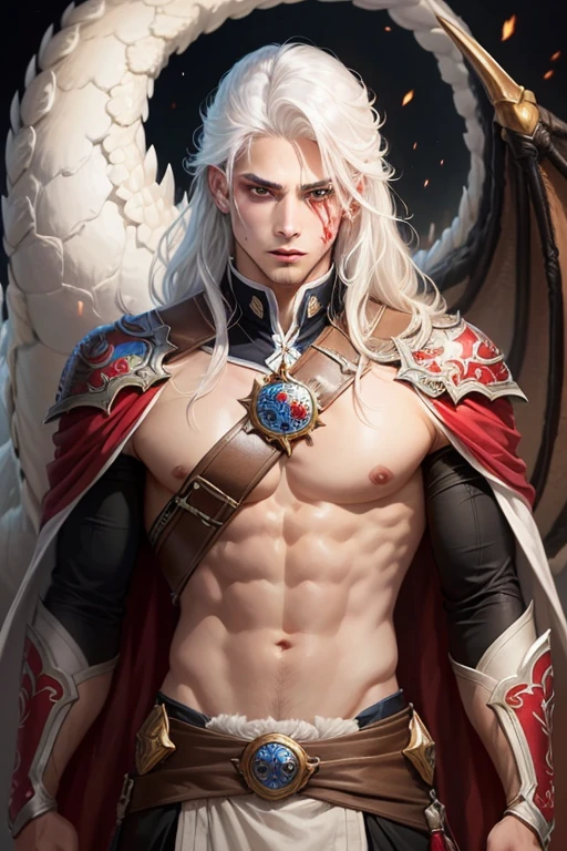 (best qualityer), (work of art), (detailded),  man covered in blood, elsword, karo, White Dragon, LONG white hair, brawny