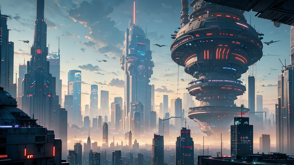 futuristic dystopian city, dawn, cloudy, like bespin from star wars, many people, Tall buildings, many neon lights, chaotic, unorganized, flying cars