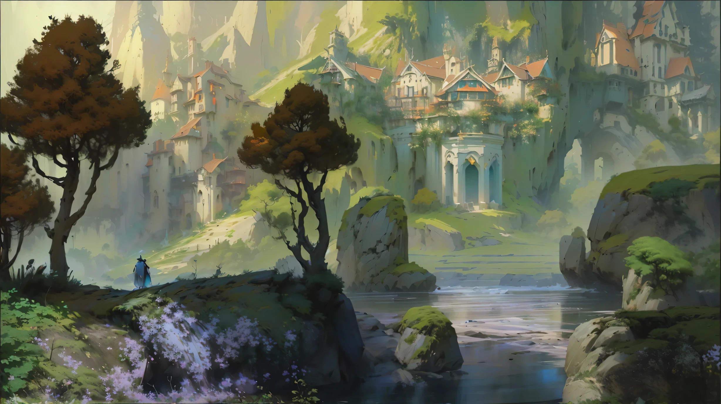 A painting of a castle in the forest、A river, In front of the lake there are various large rocks on the rocks with moss in the distance is an ancient elf city, the Demon World Elf Castle matte painting arcane Dota pixar, Dota Concept Art, Illustrations, Dota! Concept Art, Fantasy painting,Lovely, Concept Art Matt, Flat painting, Concept Art, Concept Art, Cora Legend setting, Game Art Painting