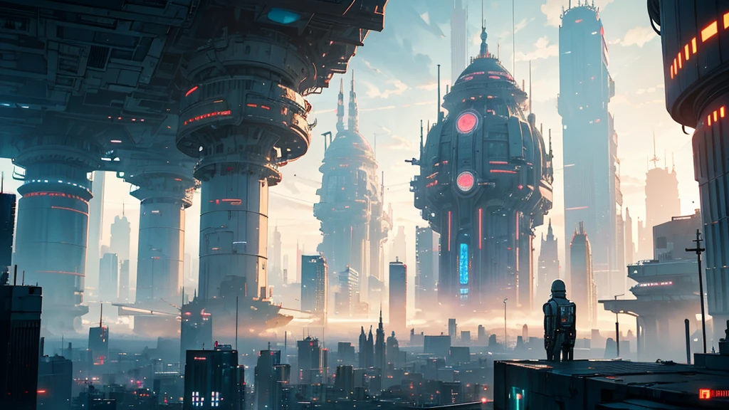futuristic dystopian city, dawn, cloudy, like bespin from star wars, many people, Tall buildings, many neon lights, chaotic, unorganized