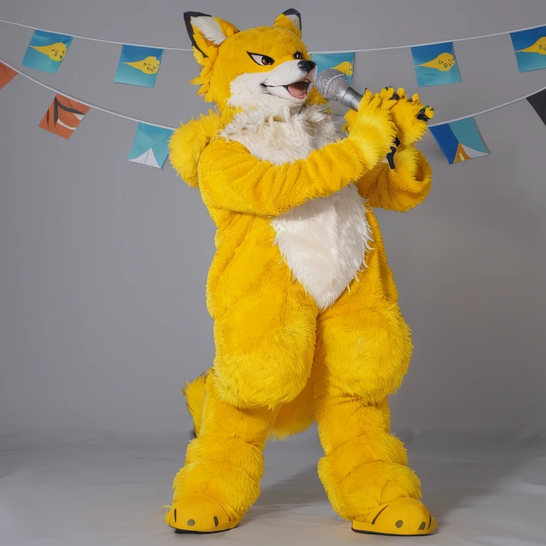 Araffe in a yellow costume sings into a microphone, Fursuit, the furry Fursuit is running, furry character, Furries with tails, Full body with costume, Fursuit!!!!, yellow fur, Full body mascot, Subscribe to, yellow fur explodes, pelzige Fursona, Full body photo, Full body photograph, Full body photo, Full body shot