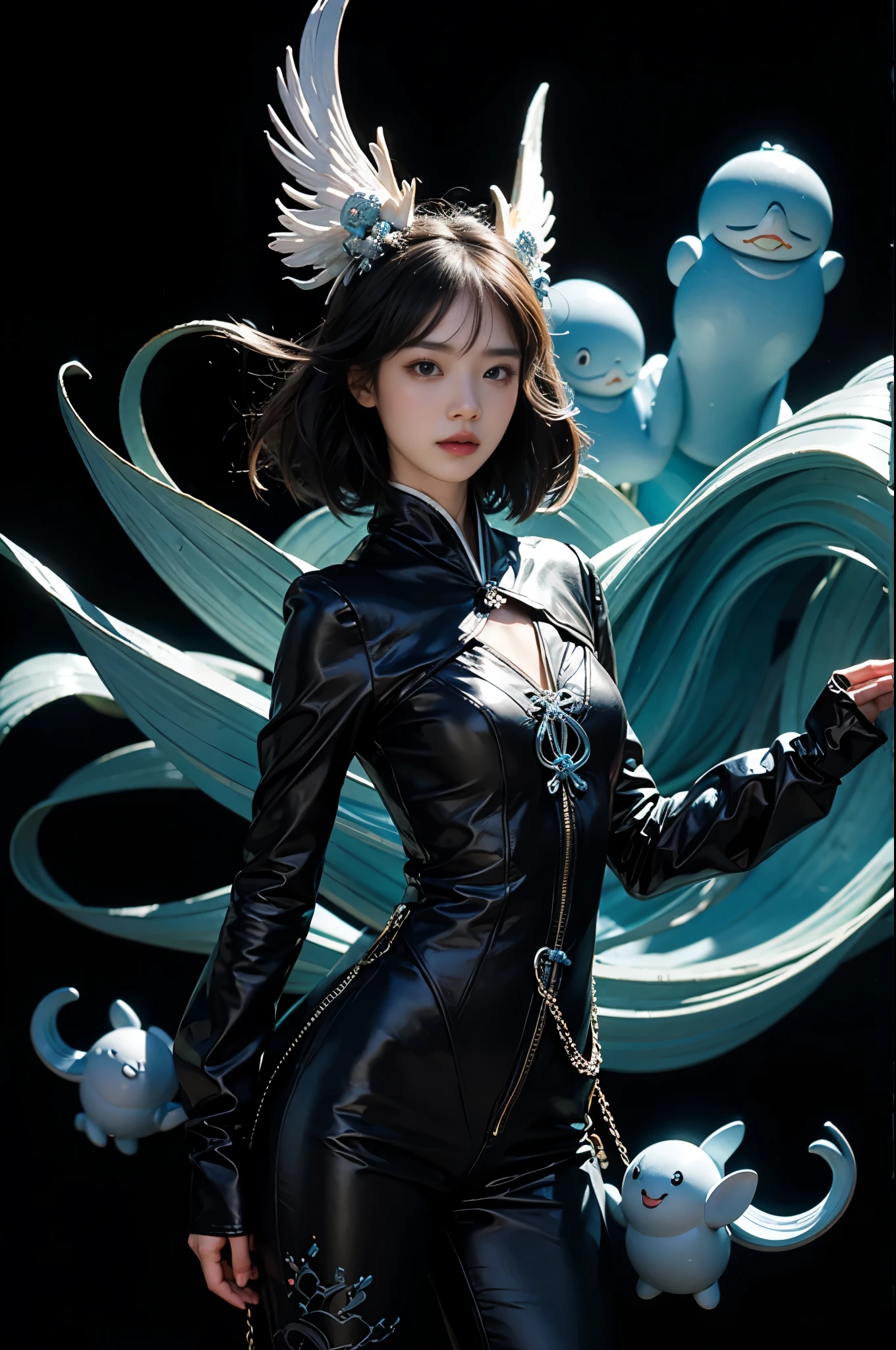 /I black background,A three-dimensional character wearinghanfu, depicting a whimsical personification of a cloudartist brimming with dreamy imagination
