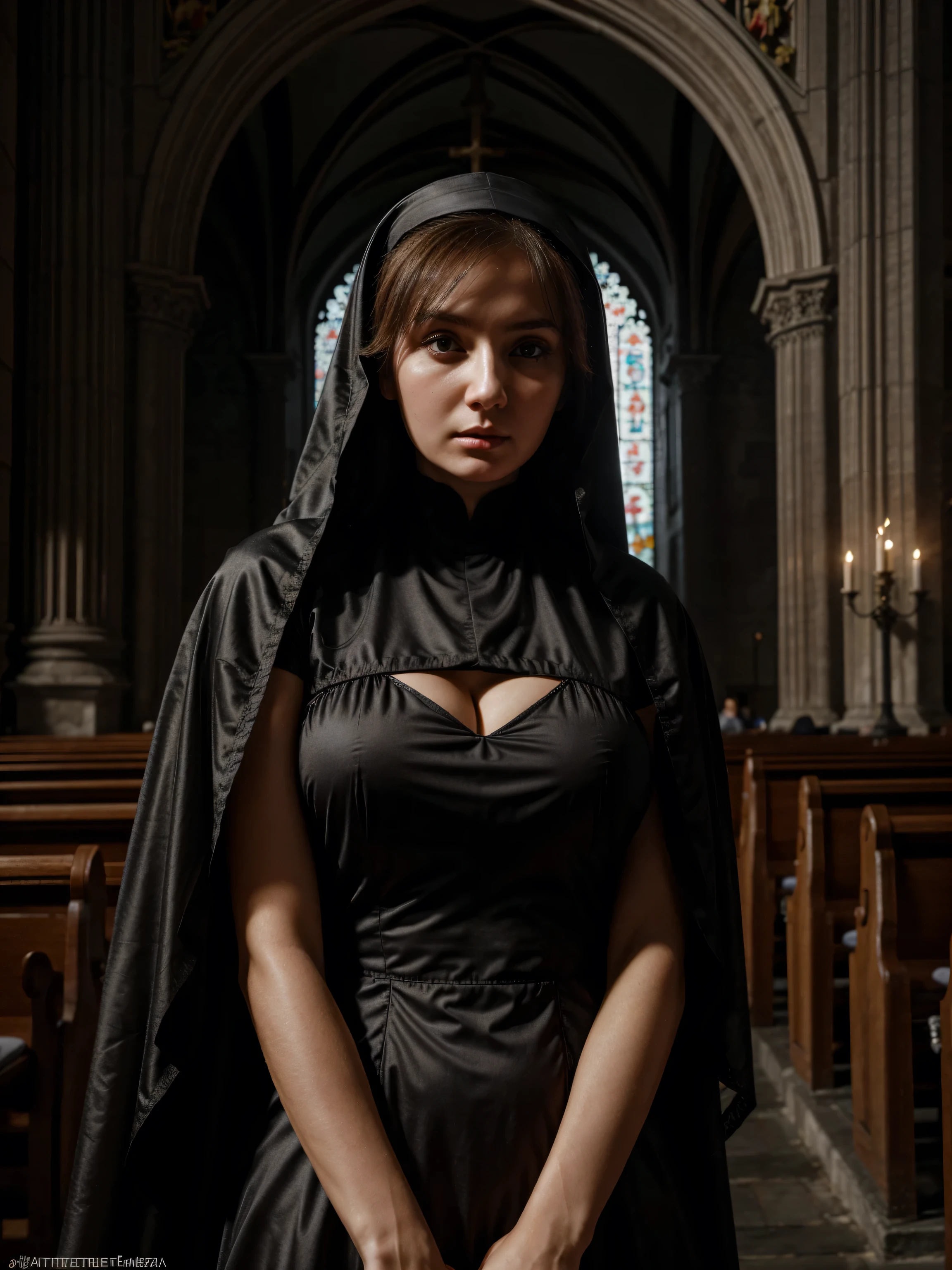 (Name :Ekaterina Kuznetsova) , Russian, Pretty, Detailed Beautiful Face, , Nun Outfit, Scared Expression, Beautiful Angelic Face, Dark Theme, Cathedral, Perfect, No bra