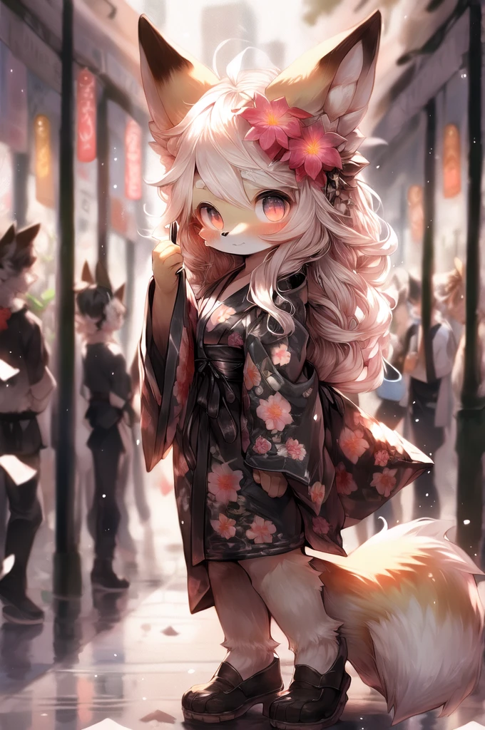 1girl, Solitary, long_hair, Watching_exist_Viewer, simple_background, hair_Decorations, Red_Eye, long_sleeve, White_background, Keep, animal_ears, Tail, full_Body, flower, grey_hair, Japanese_clothing, hair_flower, Wide_sleeve, kimono, Black_footwear, animal_ear_Brushed, sash, fox_ears, fox_Tail, umbrella, Heart, many kinds of_Tails, fox_girl, hand_fan, Keep_umbrella, Foldable_fan, Red_kimono, oil-paper_umbrella 