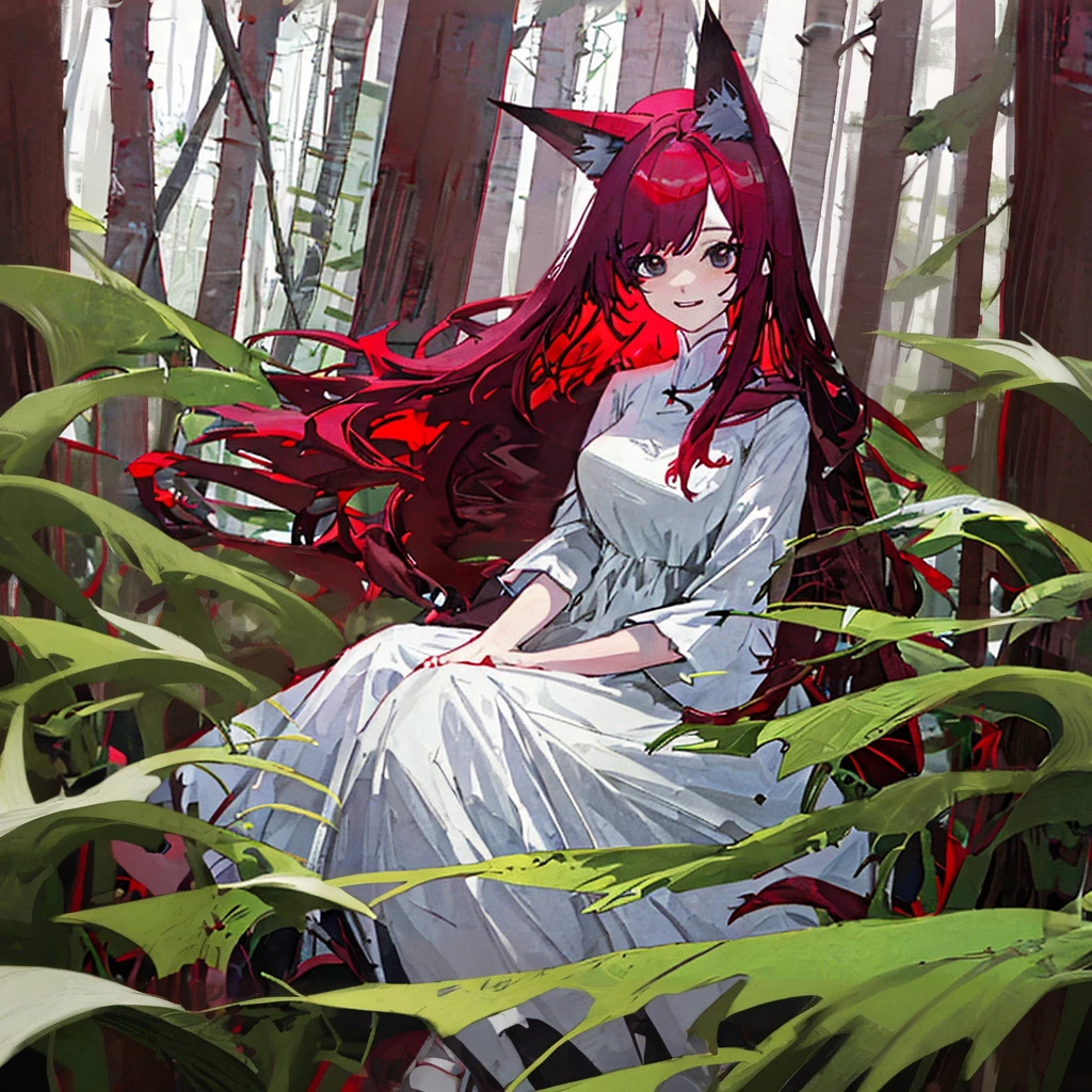 Fox girl sitting in forest, red hair, fox ears, fox tail, white dress