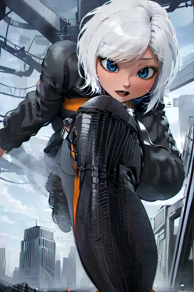 Ginormica,monster vs aliens,short white hair,black and orange track suit,white socks,black sneakers,blue eyes,GtsGiga,Gtscity,Rampage 