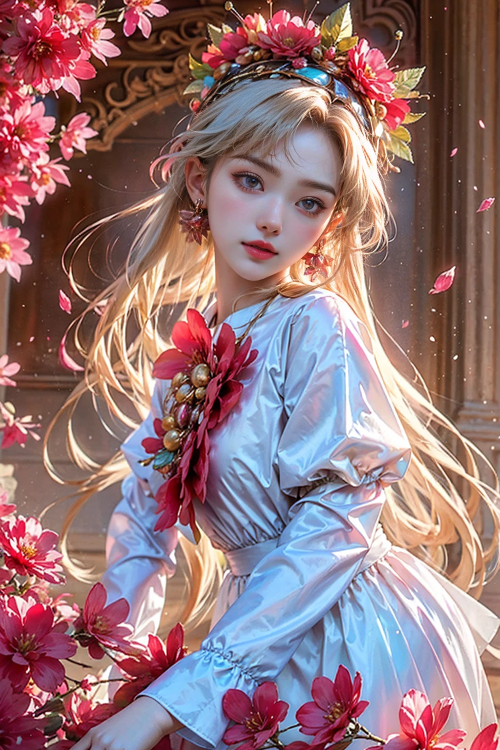 A surrealist masterpiece depicting a woman wearing a magnificent headdress of large, blooming red flowers, symbolizing her deep connection with nature. Her radiant face exudes peace and tranquility within her, and her body is decorated with patterns resembling red flower petals, which blend seamlessly with her headdress. She contrasts sharply with the bright red and pink hues of her outfit. This mysterious and enchanting scene features delicate butterflies flying around.