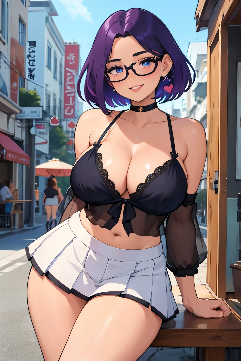 Beautiful young ager, 1girl, purple hair, blue eyes, extremely short hair, freckles on face, framed eyeglasses, heart shaped choker, happy, smiling, blushing, thick lips, full lips, huge breasts, extreme cleavage, deep cleavage, very thin body, (camisole top 1.5) strap slip, midriff, tiny pleated micro miniskirt, sandals, cleavage, perfect anatomy, ice cream store background, detailed background, ultra-detailed, 4k, 8k, best quality, masterpiece
