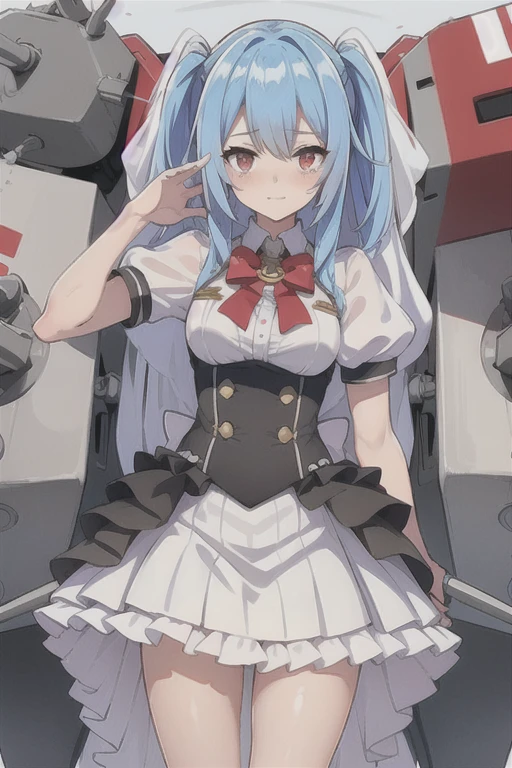 prinz eugen \(warship girls r\),(((Best quality))), ((Ultra-detailed)), ((illustration)), ((Disheveled hair)), ((frilld)), (1 girl),(Solo),Wedding,Closed_Mouth,,Looking_at_peeping at the viewer,tearing_Up,Tears,Aggrieved,grievance , Blue hair , Red eyes,