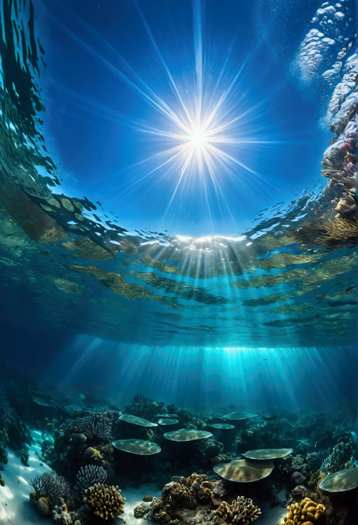 Sunlight shining through the sea, Illuminating a hidden world, Create captivating underwater scenes. Vertical panorama, Ultra-wide angle view, 8k, masterpiece, Award-winning photo, Vast landscape photography , (Looking up at the sky from below and the vast ocean below),