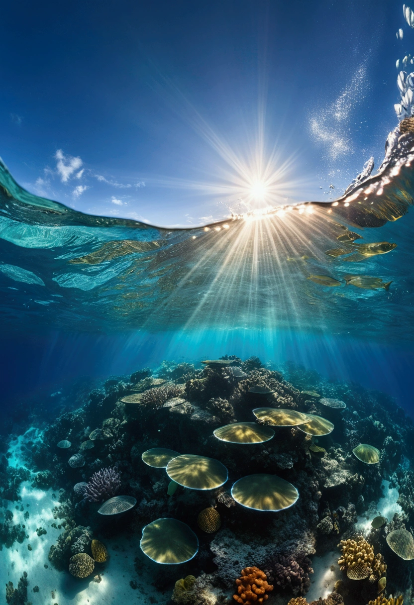 Sunlight shining through the sea, Illuminating a hidden world, Create captivating underwater scenes. Vertical panorama, Ultra-wide angle view, 8k, masterpiece, Award-winning photo, Vast landscape photography , (Looking up at the sky from below and the vast ocean below),