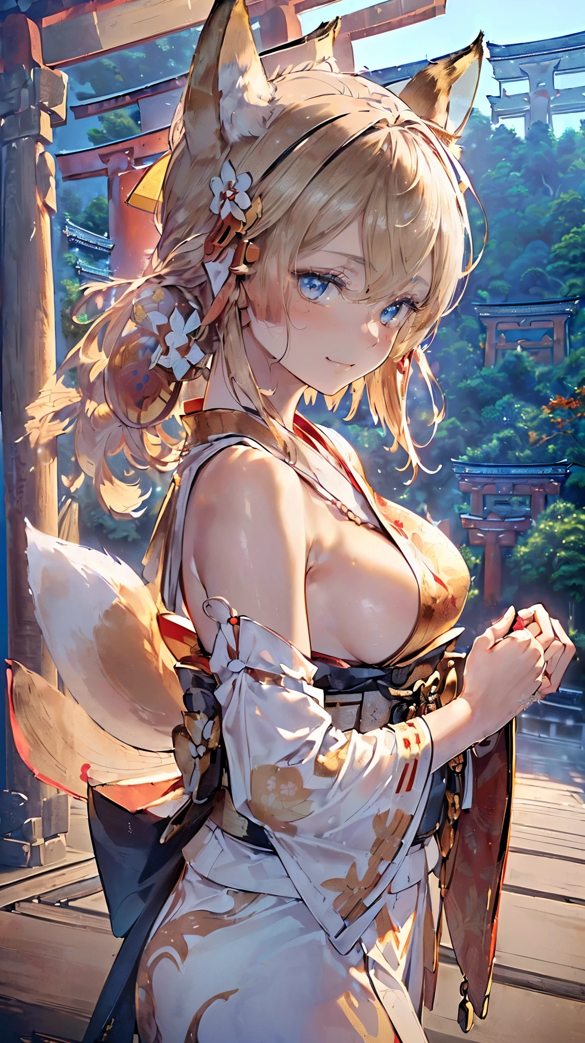 (((Masterpiece))), (((Highest quality))), ((Ultra-detailed)), ((Super fine illustration)), ((Ultra-fine painting)), (16K highest quality wallpaper:1.4), (Upper body:1.6), HDR, (Highly detailed and delicate illustration style:1.8), Detailed skin texture, Detailed cloth texture, Extreme detailed description, (T-masterpiece), (Highly detailed face:1.4), (Highly detailed fox ears:1.2), (Highly detailed beautiful (golden-brown:1.4) half-updo:1.2), (Highly detailed beautiful blue eyes:1.2), Original, RAW photo, Professional, Intricate details, Super details, (Perfect anatomy:1.4), (Highly detailed hands:1.2), (Highly detailed fingers:1.2), (Highly detailed fingertips:1.2), (27-years-old), Real, (Solo:1.8), ((A very beautiful and attractive fox fashion model:1.4)) BRAKE (Beautiful and adorable fox ears:1.6), (Highly detailed and delicate fox ears:1.4), (Beautiful and well-shaped big breasts:1.2), (Beautiful and well-shaped buttocks), (Beautiful and shiny (golden-brown:1.2) half-updo:1.4), (Highly detailed and delicate (golden-brown:1.2) half-updo:1.2), (Beautiful and clear blue eyes:1.6), (Highly detailed and delicate blue eyes:1.2), (Highly detailed face:1.4), (Smile:1.5), (Blush:1.4), (Looking at viewer:1.4), (Celebration:1.4) BRAKE ((Bright Red:1.3) furisode with floral pattern:1.4), (Japanese traditional costume:1.2) BRAKE (Concept-art:1.2) BRAKE ((Highly detailed and delicate Ise Grand Shrine in Mie Prefecture in the background just after noon:1.6), (Celebration:1.4), Torii gate of Ise Shrine:1.4, Very beautiful in the sunny sky background just after noon:1.4) BRAKE