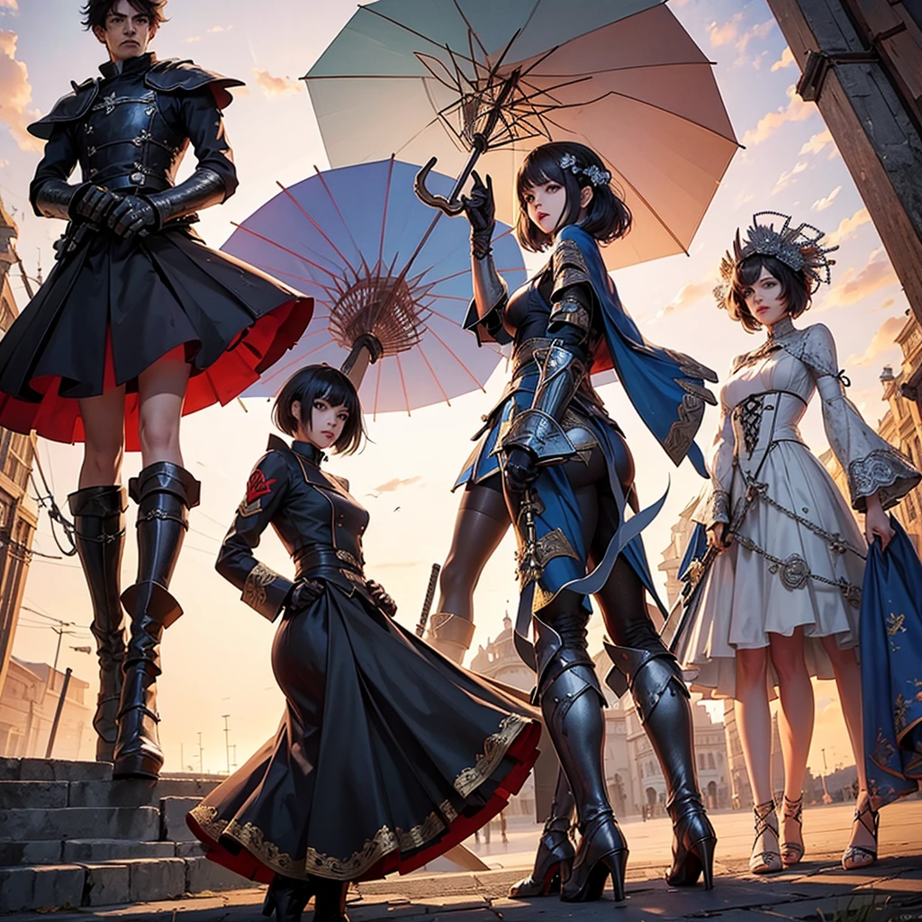 Character design in various angles of an iron umbrella. Umbrella turns into a fan, Sword and shield