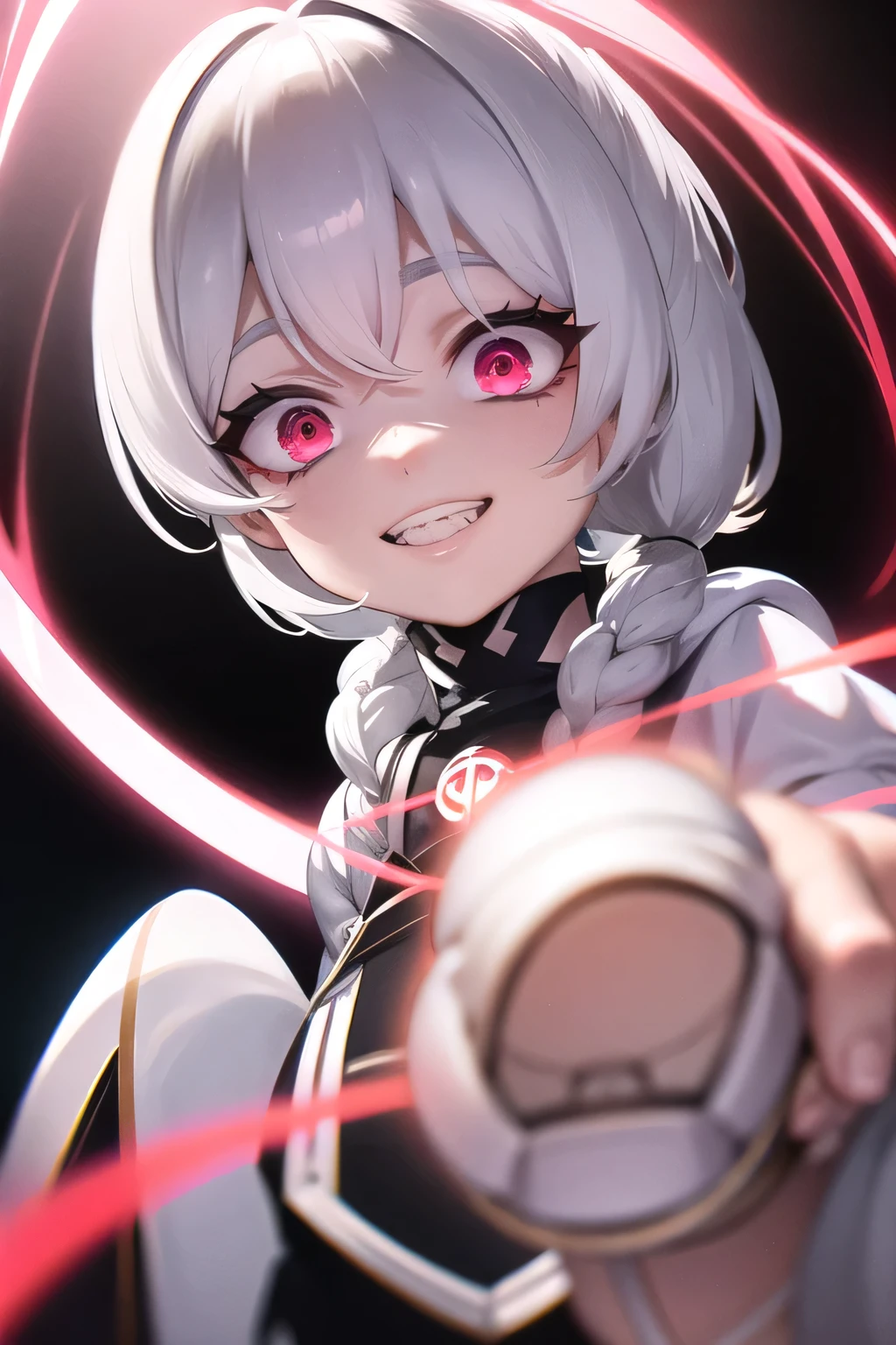 girl, futuristic white and pure look, evil, short white hair, white clothing, scary smile, tangled in red string and glowing, dark atmopshere, music video Thumbnail , EVIL,looking into thr camera