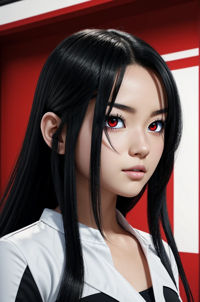 Screenshot of my hero academia Girl with long black hair, bright red eyes and white skin