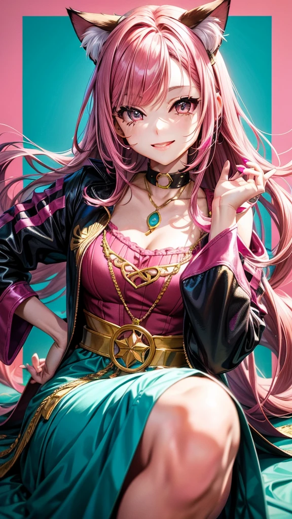 Magenta pink hair, brown eyes, older woman, hair ornaments, cat ears, long hair, smiling face, teal and gold outfit, color background, sexy, fashion, no hair in face, no bangs, middle part in hair