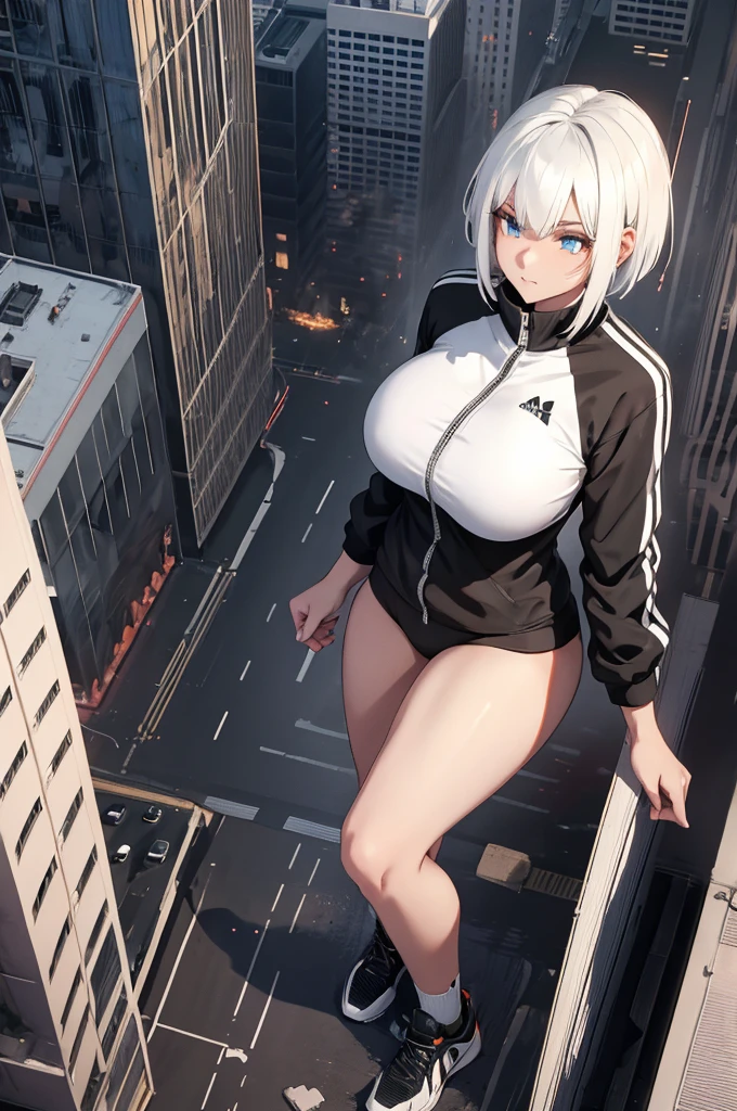 Ginormica,monster vs aliens,short white hair,black and orange track suit,white socks,black sneakers,blue eyes,GtsGiga,Gtscity,Rampage ,Looming, large bosom