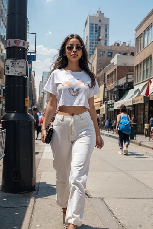 make me a super pretty young and cute girl with hourglass shaped body walking on the streets of new york while wearing summer pants and a big white t-shirt is walking towards us. horizontal photo