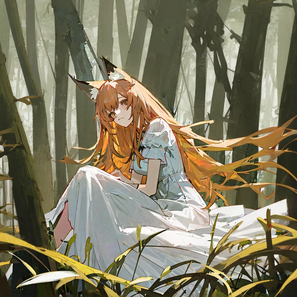 Fox girl sitting in forest, orange hair, fox ears, fox tail, white dress