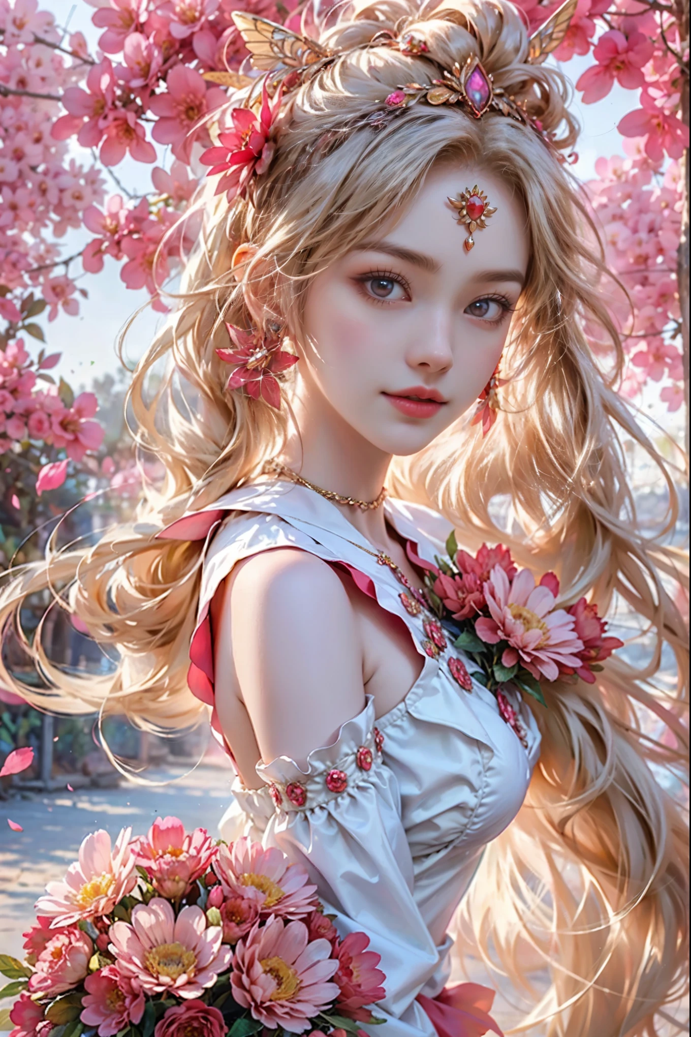 A surrealist masterpiece depicting a woman wearing a magnificent headdress of large, blooming red flowers, symbolizing her deep connection with nature. Her radiant face exudes peace and tranquility within her, and her body is decorated with patterns resembling red flower petals, which blend seamlessly with her headdress. She contrasts sharply with the bright red and pink hues of her outfit. This mysterious and enchanting scene features delicate butterflies flying around.