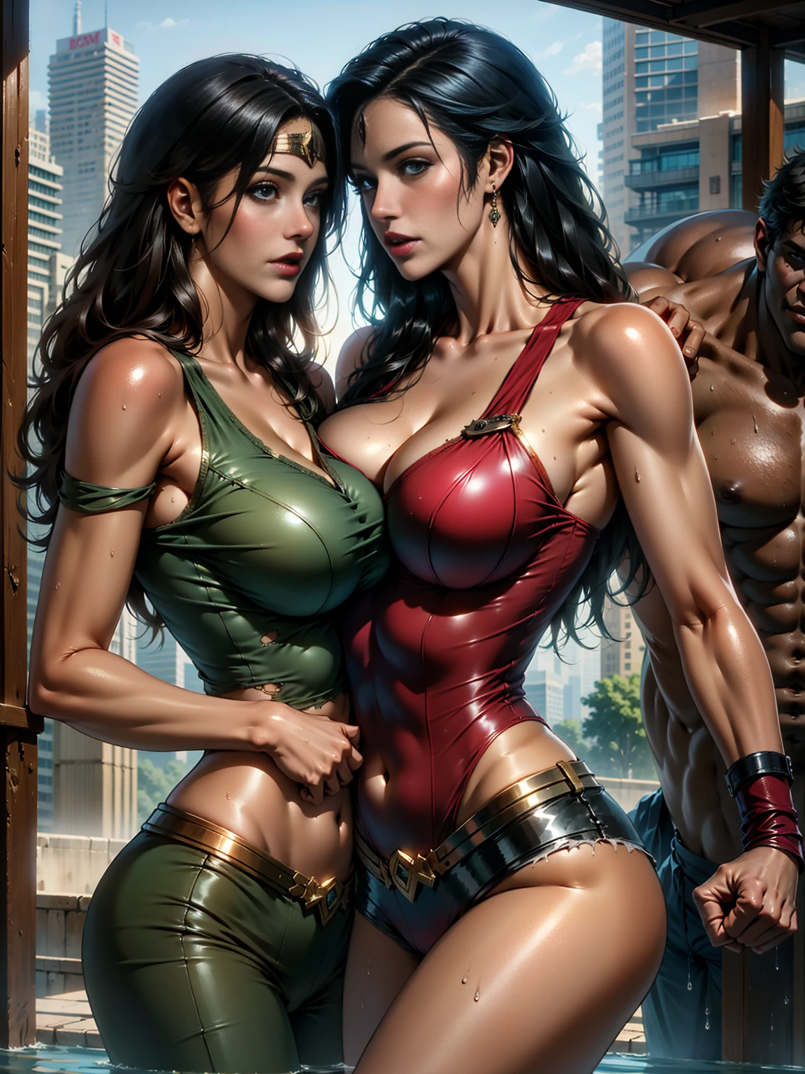 Battle royal between blue eyes and black hair Wonder Woman and massive Hulk in green skin. They are punching each other in the octagon. Wounded all over. They are very sweaty. ((destroyed clothes:1.3)). Torn and tattered costumes and spats, ((clenched fist)). very delicate muscles. Looking at each others.
bare shoulders, ((light tanned skin:0.8)), mature, sexy, elastic muscles, (muscles:1.2), ((strong and healthy body)), long legs, curves, (big breasts:1.3). ((wet with sweat)),