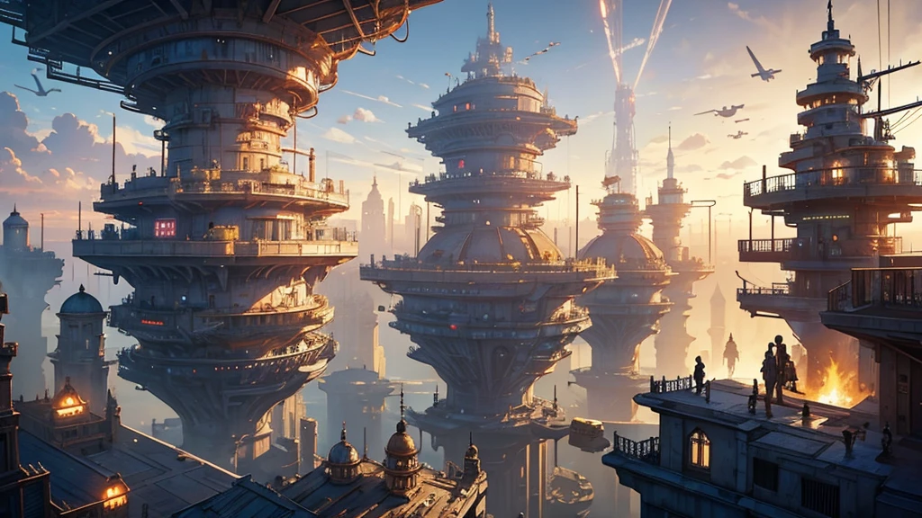 steampunk dystopian city, dawn, cloudy, like bespin from star wars, many people, many platforms and bridges, many sails, chaotic, unorganized, scrap