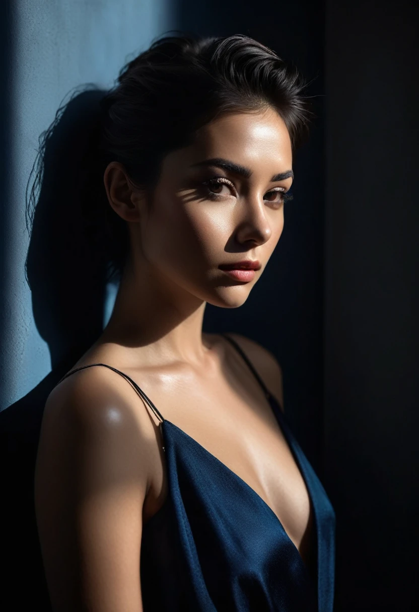 woman bathed in soft light, leaning against a wall, looking into the camera in a moment of raw emotion. Her attire is minimal, accentuating her beauty with the dramatic shadows cast by the lighting. The background is stark, with sharp contrasts highlighting the contours of her form. The blue and black palette intensifies the mood, evoking a sense of mystery and allure. Subtle film grain and meticulous shading add depth and texture, emphasizing the emotional gravity of the scene. The lighting creates a chiaroscuro effect, accentuating her expressive pose and the intense atmosphere.
