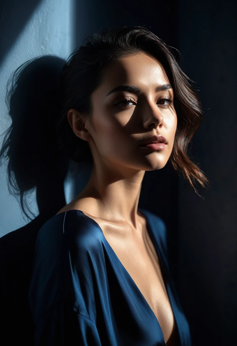 woman bathed in soft light, leaning against a wall, looking into the camera in a moment of raw emotion. Her attire is minimal, accentuating her beauty with the dramatic shadows cast by the lighting. The background is stark, with sharp contrasts highlighting the contours of her form. The blue and black palette intensifies the mood, evoking a sense of mystery and allure. Subtle film grain and meticulous shading add depth and texture, emphasizing the emotional gravity of the scene. The lighting creates a chiaroscuro effect, accentuating her expressive pose and the intense atmosphere.