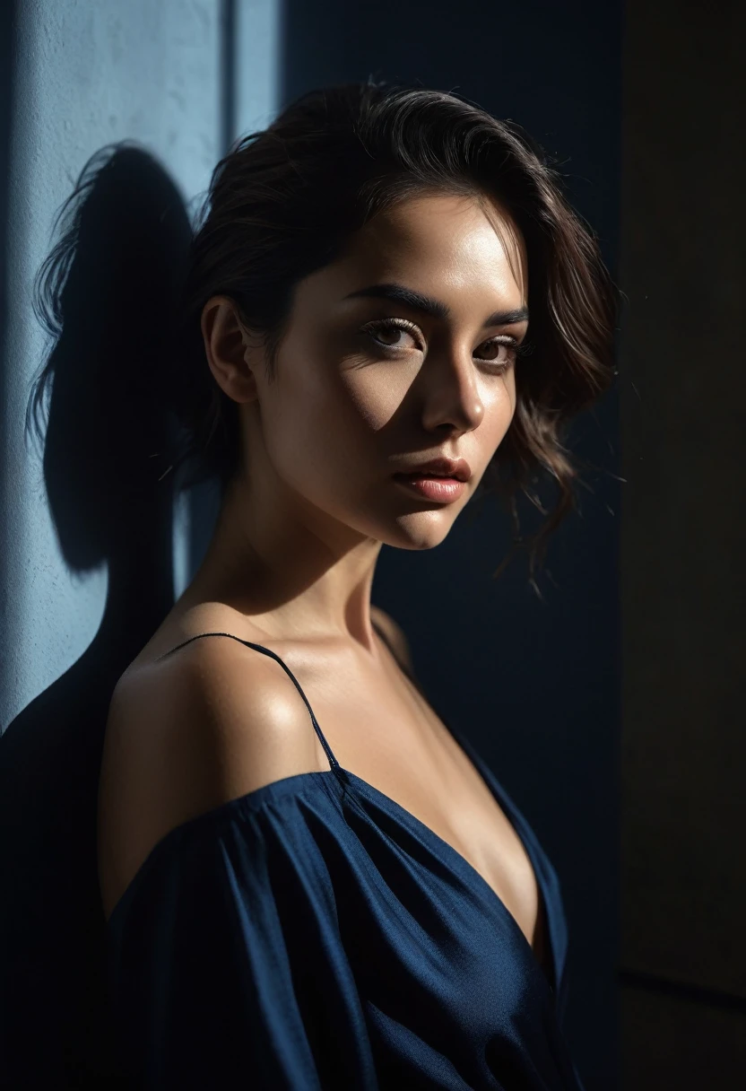 woman bathed in soft light, leaning against a wall, looking into the camera in a moment of raw emotion. Her attire is minimal, accentuating her beauty with the dramatic shadows cast by the lighting. The background is stark, with sharp contrasts highlighting the contours of her form. The blue and black palette intensifies the mood, evoking a sense of mystery and allure. Subtle film grain and meticulous shading add depth and texture, emphasizing the emotional gravity of the scene. The lighting creates a chiaroscuro effect, accentuating her expressive pose and the intense atmosphere.