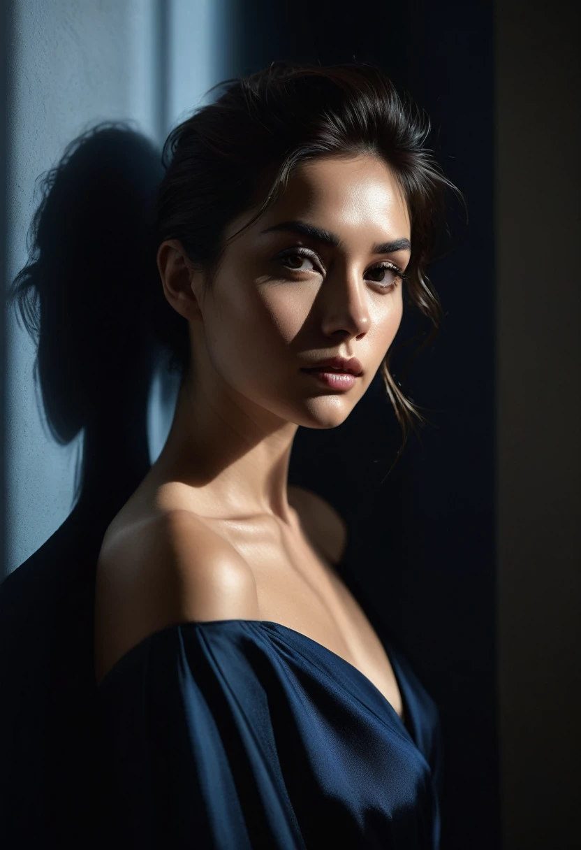 woman bathed in soft light, leaning against a wall, looking into the camera in a moment of raw emotion. Her attire is minimal, accentuating her beauty with the dramatic shadows cast by the lighting. The background is stark, with sharp contrasts highlighting the contours of her form. The blue and black palette intensifies the mood, evoking a sense of mystery and allure. Subtle film grain and meticulous shading add depth and texture, emphasizing the emotional gravity of the scene. The lighting creates a chiaroscuro effect, accentuating her expressive pose and the intense atmosphere.
