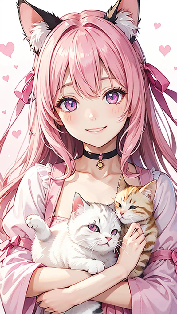 Cat with pink ribbon、Hair Pink、pink eyes、smiling with eyes open