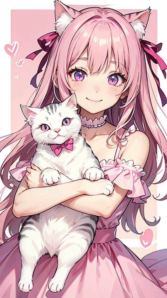 Cat with pink ribbon、Hair Pink、pink eyes、smiling with eyes open