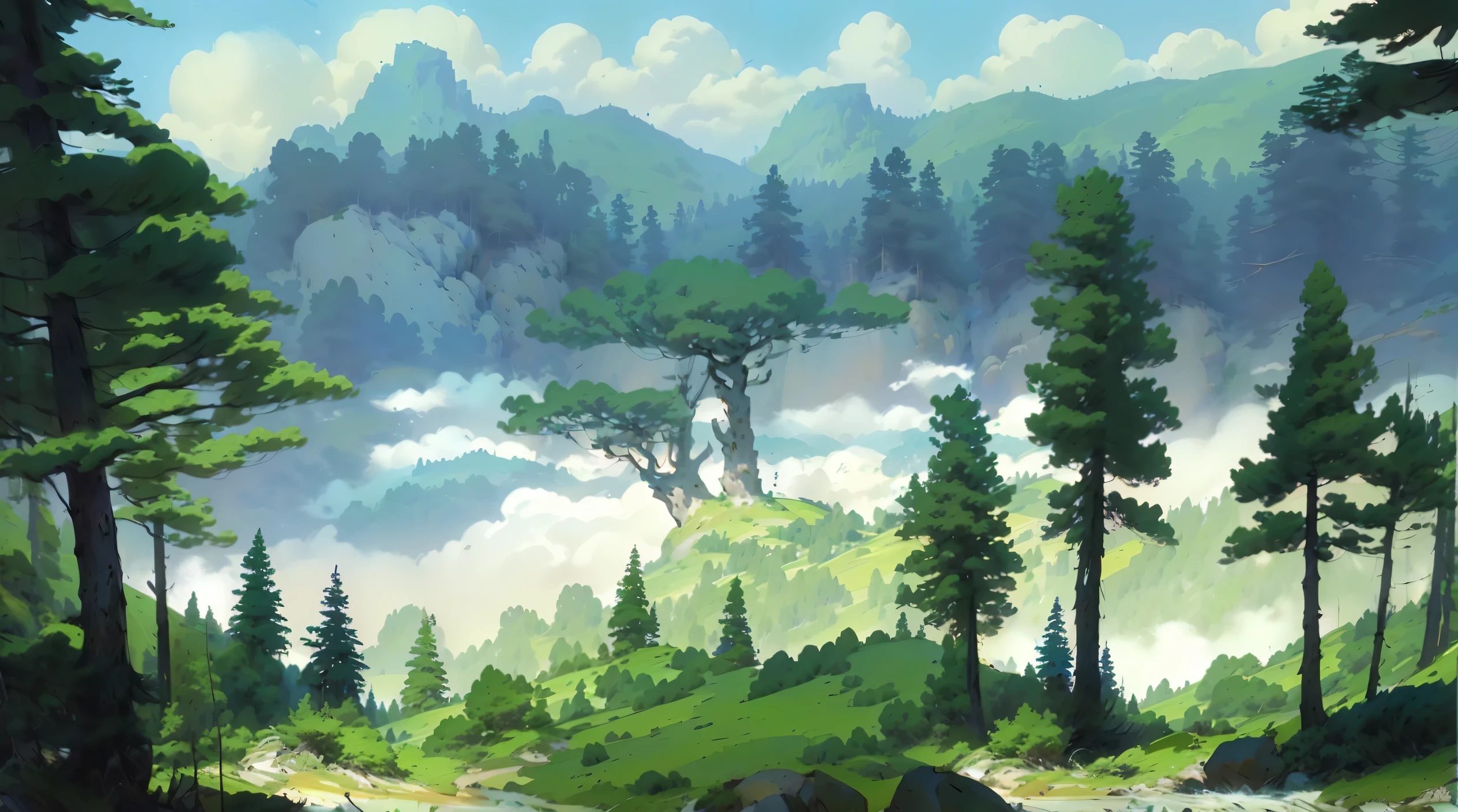 There is a painting,The painting shows a bear in the woods,A mountain in the background, Anime Landscape, background technology, Distant forest, Anime rural scenery, Anime Landscape Concept Art, environment concept art, background technologywork, Anime Landscape wallpaper, Concept Art Wallpaper 4K, environment, anime background technology, Composed of trees and fantasy valley, environment concept art, Landscape Artwork