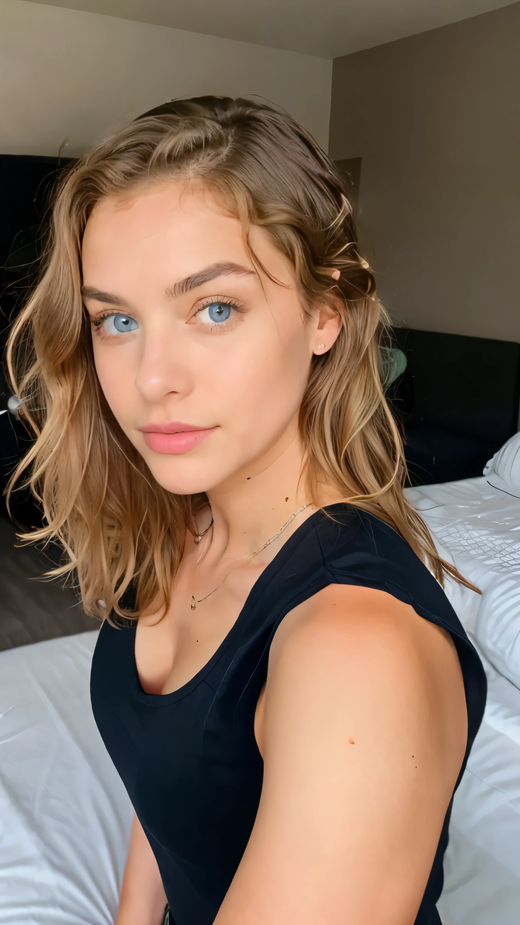 Pretty beautiful blonde with a black tank top (taking a selfie with your smartphone in your room), very detailed, 14 ans, Visage innocent, naturally wavy hair, blue eye, high resolution, head of&#39;artwork, best quality, complicated details, very detailed, sharpness, detailed skin, realistice Hauttextur, texture, detailed eyes, Professionnel, 4K, charming smile, prise avec Canon, 85 millimeters, Slight depth of field, Kodak Vision Color, corps parfaitement ajusté, extremely detailed, Photo_\(ultra\), fotorealistic, realistic, post-traitement, maximum details, roughness, real life, ultrarealistic, photoRealism, Photography, 8k uh, Photography