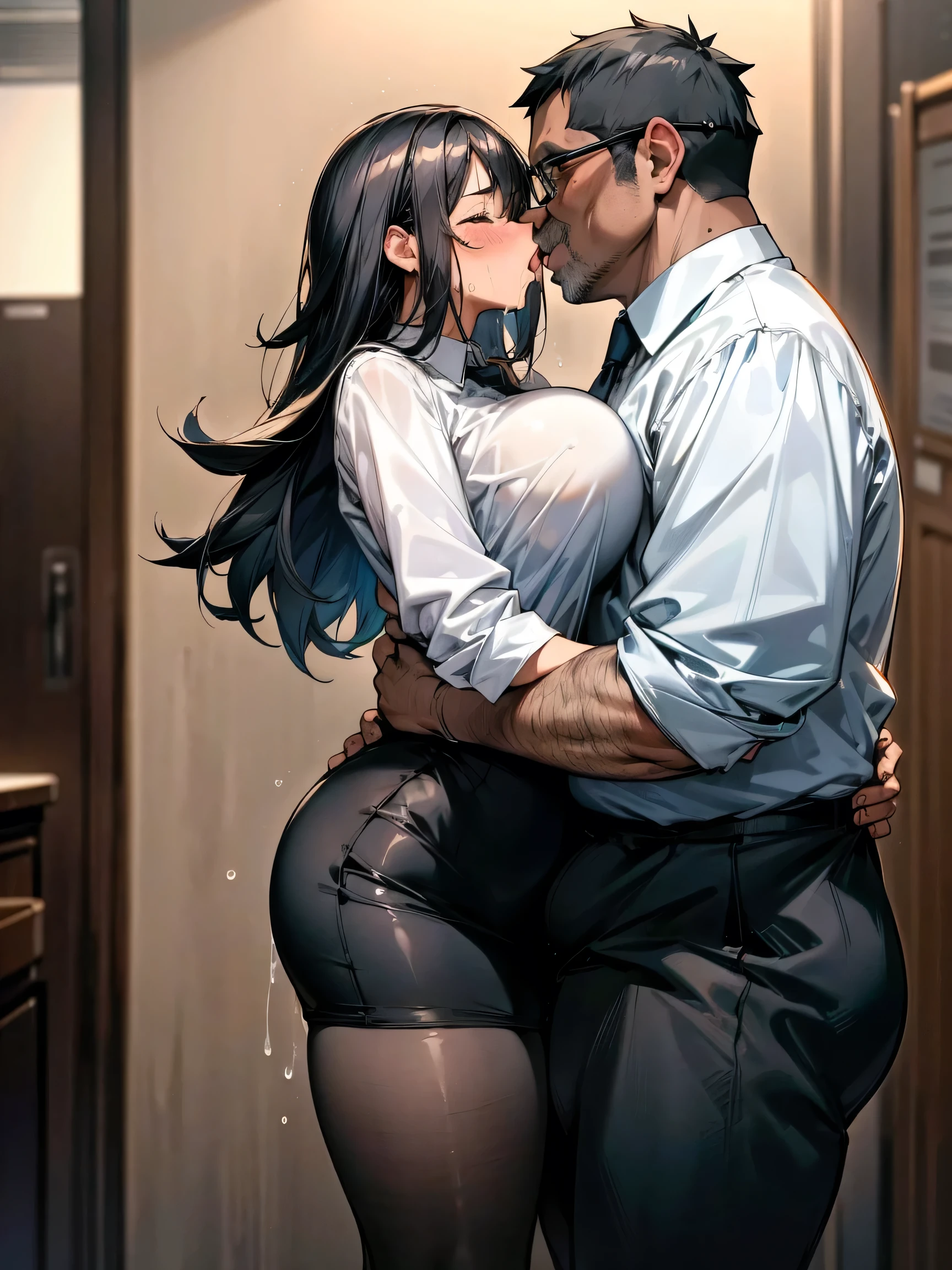 (One girl, A fat middle-aged man:1.2), 破れたpantyhose, pantyhose, White shirt, Pencil Skirt, blush, French kiss, hug, Big Breasts, office, Very detailed, High resolution, 4K, masterpiece, High resolution、(tears:1.4)、(Nipples are visible:1.2)、(Sex:1.6)、(rape)