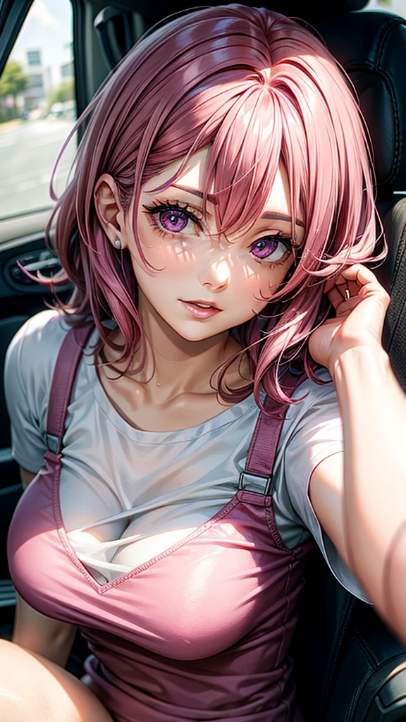 Magenta pink hair, brown eyes, older woman