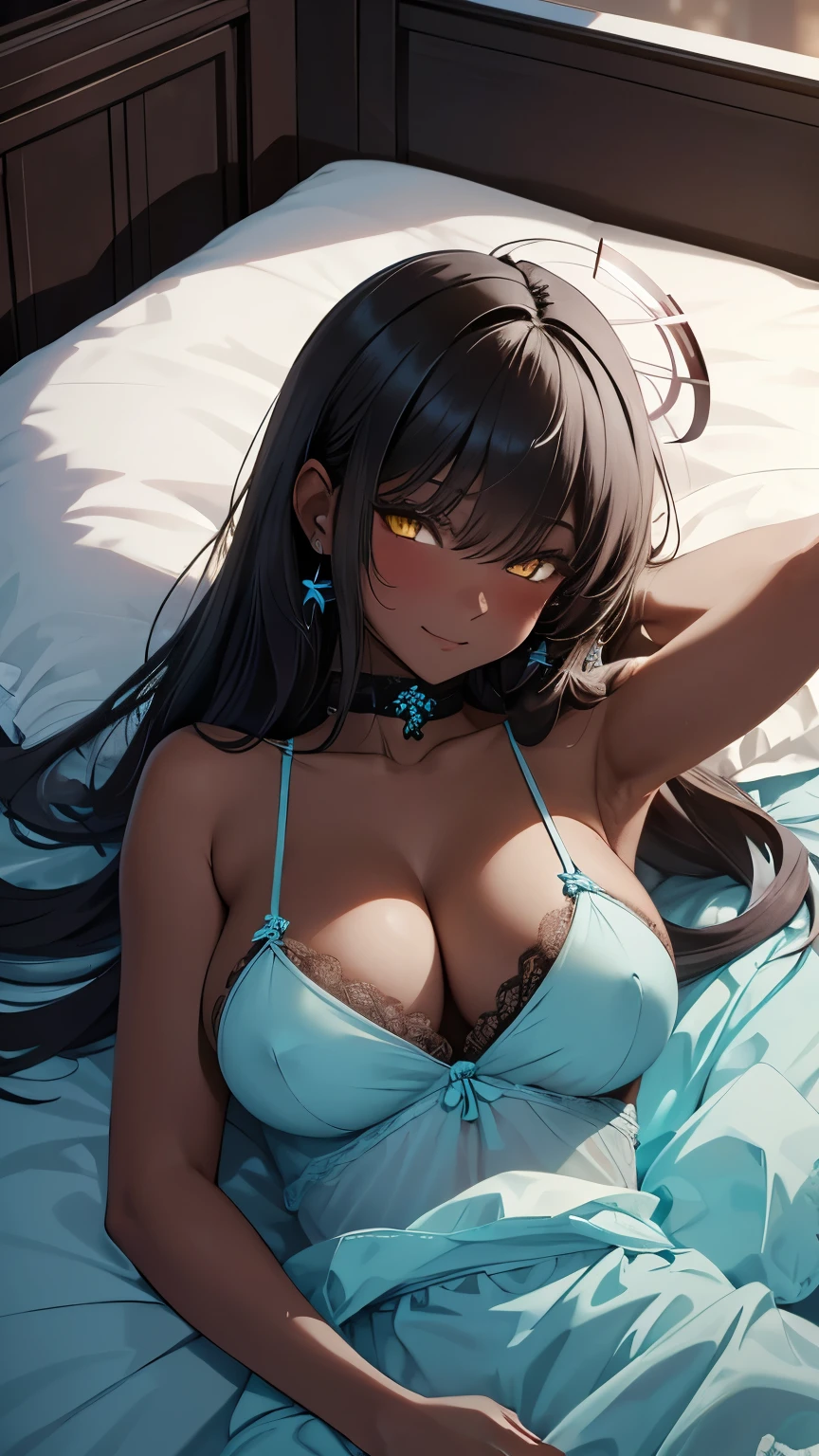 Masterpiece, best quality, long black hair, halo, bangs, yellow eyes, (bed at night), ((light blue negligee)), big saggy tits, (stiff nipples), blushing, little smile, (lying down), upperbody, lace chokers, earrings, (romantic night), warm lighting