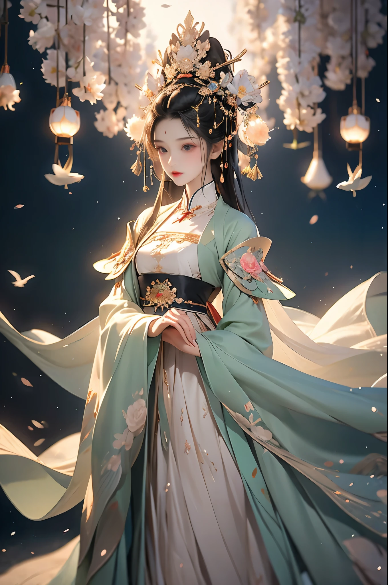 /I Chinese Miao girl, illustration style with 3 d High-precision engine rendering, Tim Walker master style, beautiful face, black crystal eyes, long eyelashes, gorgeous and complicated headdress, mainly silver ornaments, silver crested, etc., exquisite shape, short jacket, pleated skirt, embroidered with a variety of exquisite flowers, birds, fish and insects, beautiful colors, perfect lines, background water droplets, flowers, crystal clear, the combination of fantasy and reality, like a dream Mood, background abstract, 16k HD resolution, --ar 3:4 --s 400 --style raw --niji 6
