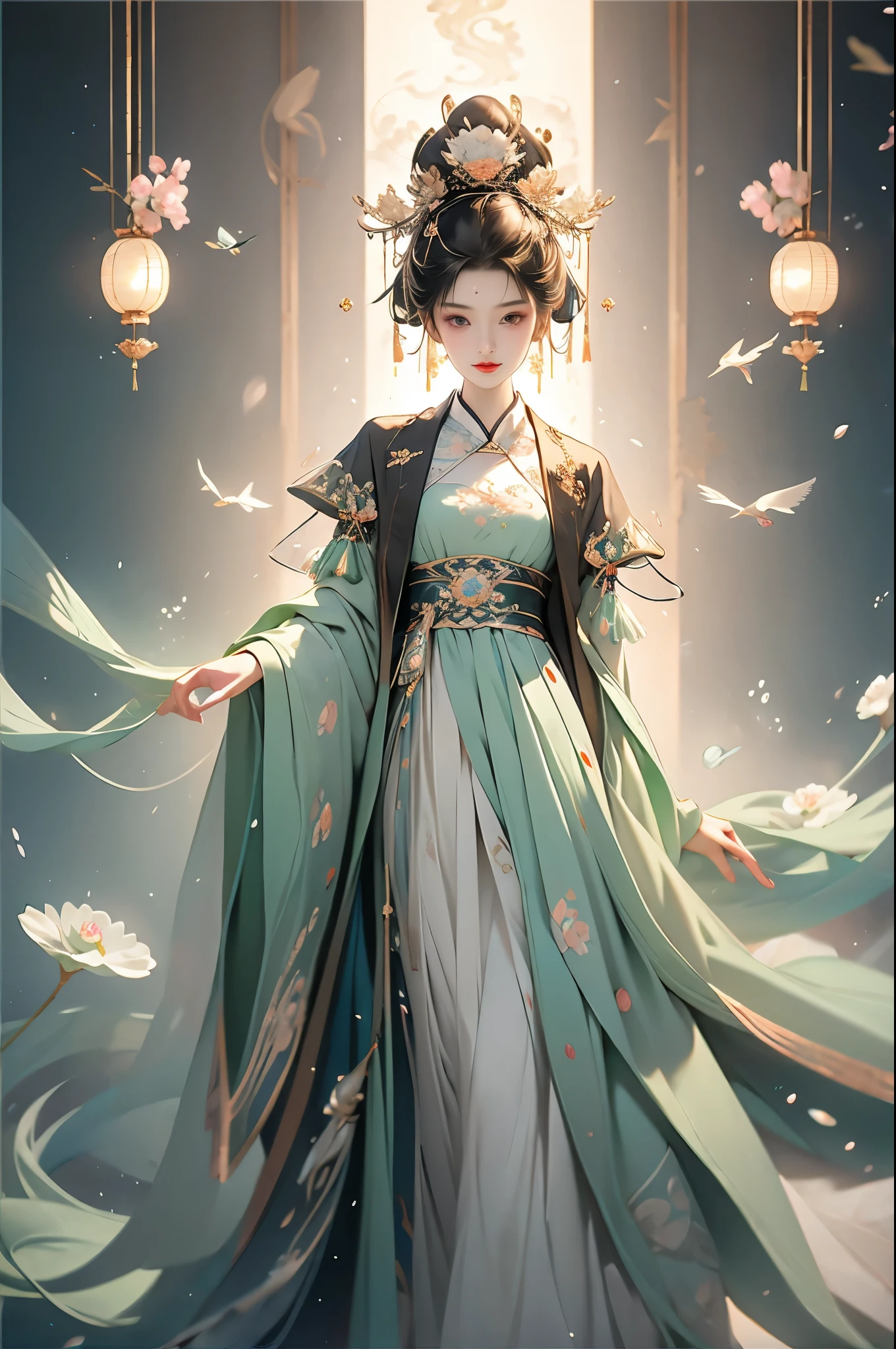 /I Chinese Miao girl, illustration style with 3 d High-precision engine rendering, Tim Walker master style, beautiful face, black crystal eyes, long eyelashes, gorgeous and complicated headdress, mainly silver ornaments, silver crested, etc., exquisite shape, short jacket, pleated skirt, embroidered with a variety of exquisite flowers, birds, fish and insects, beautiful colors, perfect lines, background water droplets, flowers, crystal clear, the combination of fantasy and reality, like a dream Mood, background abstract, 16k HD resolution, --ar 3:4 --s 400 --style raw --niji 6