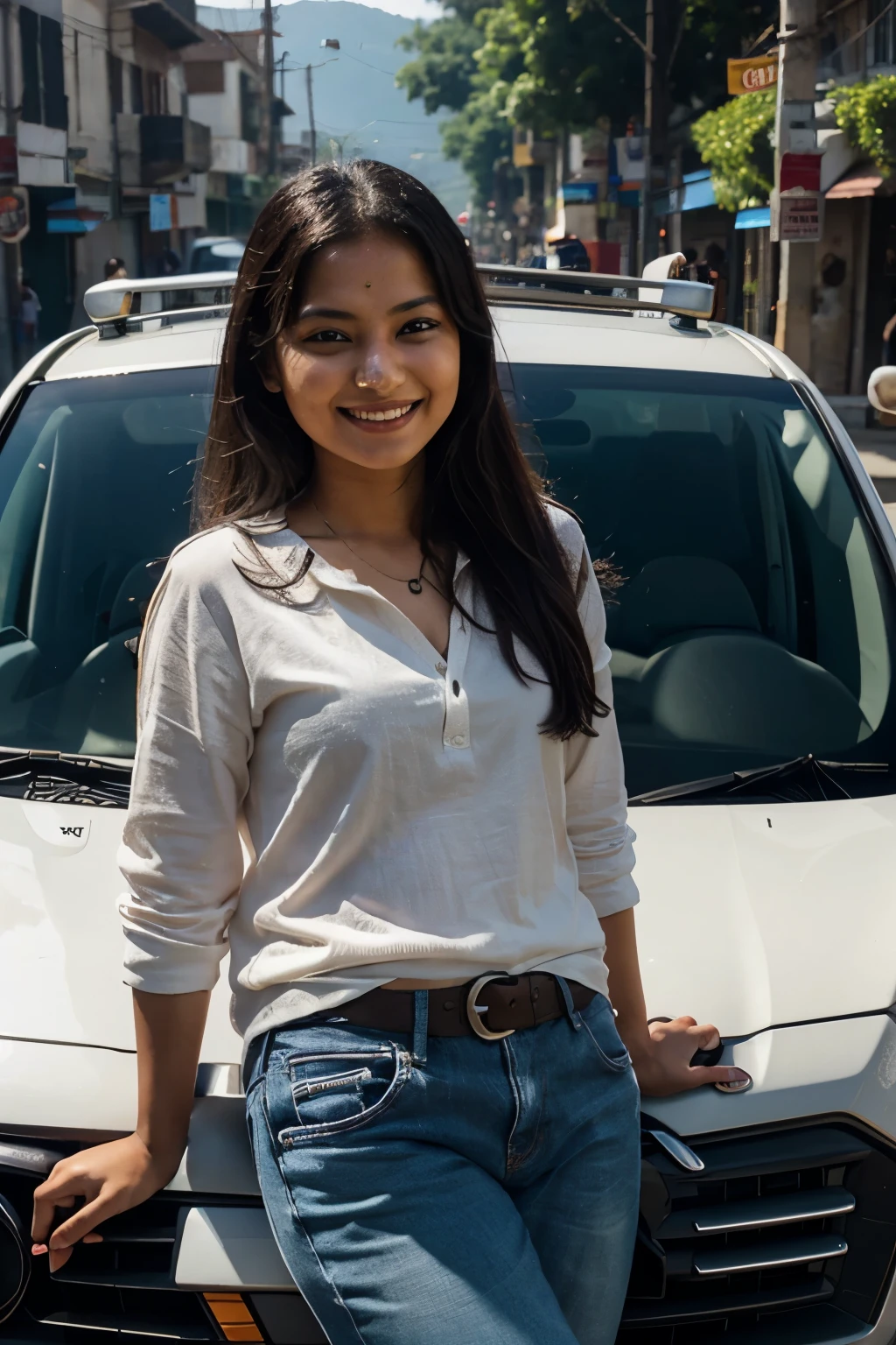 Newari girl driving car with nice smile