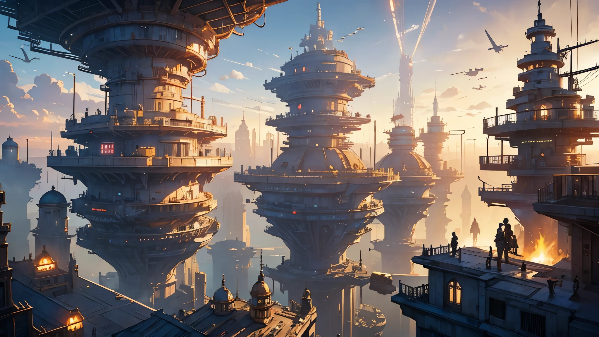 steampunk dystopian city, dawn, cloudy, like bespin from star wars, many people, many platforms and bridges, many sails, chaotic, unorganized, scrap